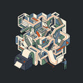 Isometric line art: a charcoal printer unspools one sheet that expands into an elaborate paper labyrinth of stairways and folds, traced by a rust-orange line, while a person nearby checks a close exit point with a magnifying glass. No text appears. Artwork shown on the Black garment colour.