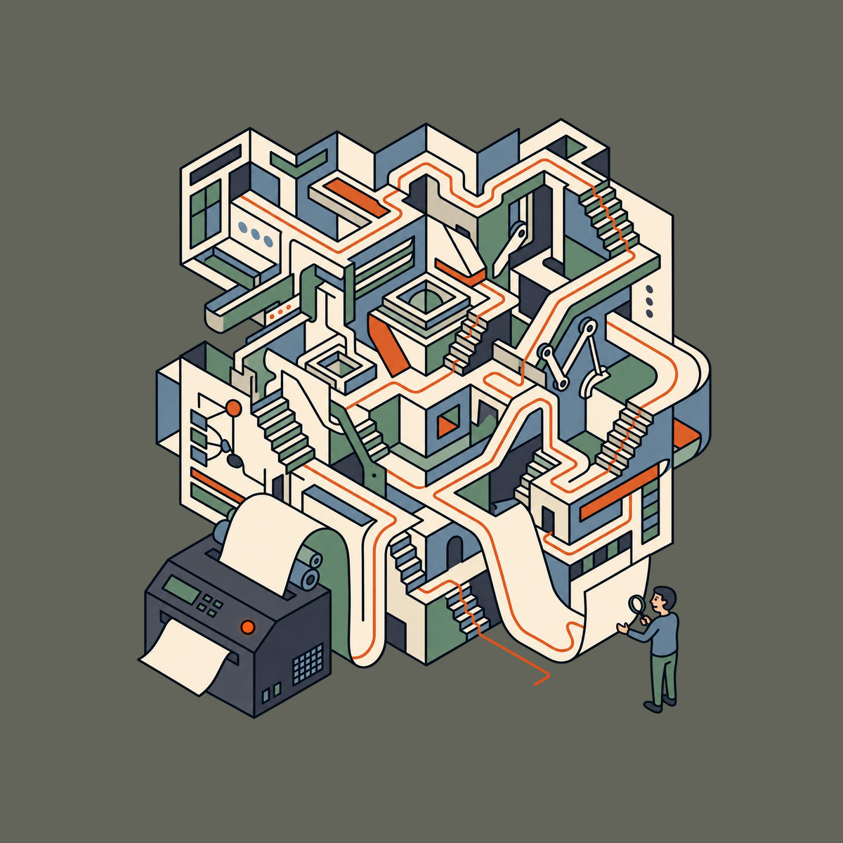 Isometric line art: a charcoal printer unspools one sheet that expands into an elaborate paper labyrinth of stairways and folds, traced by a rust-orange line, while a person nearby checks a close exit point with a magnifying glass. No text appears. Artwork shown on the Military Green garment colour.