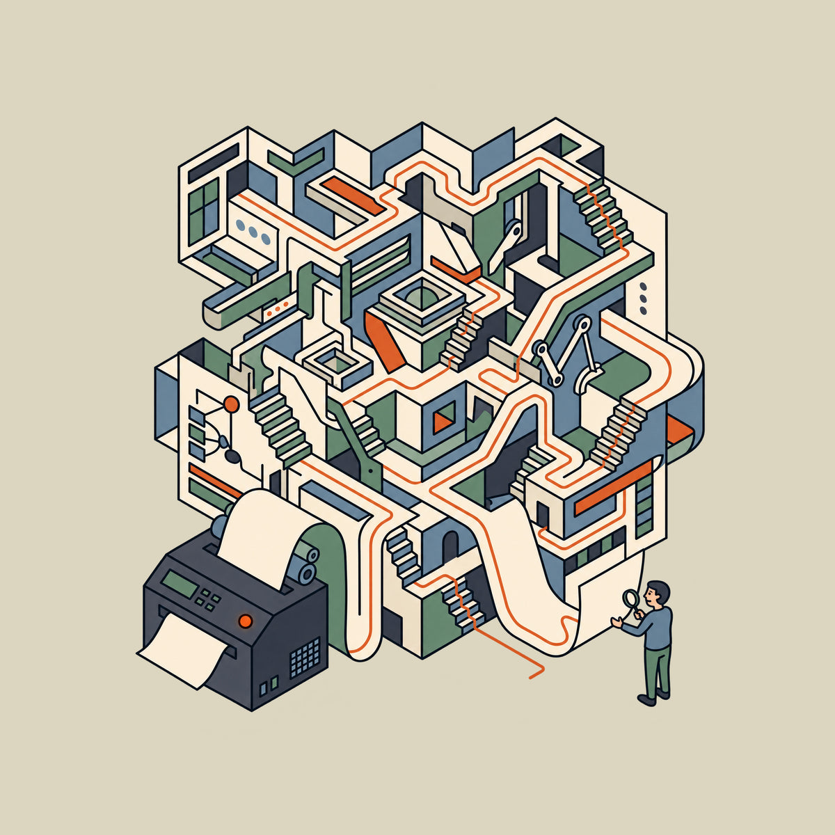 Isometric line art: a charcoal printer unspools one sheet that expands into an elaborate paper labyrinth of stairways and folds, traced by a rust-orange line, while a person nearby checks a close exit point with a magnifying glass. No text appears. Artwork shown on the Natural garment colour.