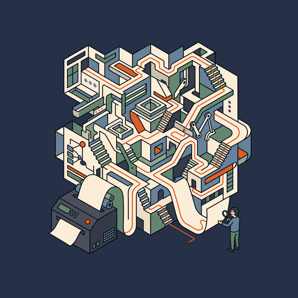 Isometric line art: a charcoal printer unspools one sheet that expands into an elaborate paper labyrinth of stairways and folds, traced by a rust-orange line, while a person nearby checks a close exit point with a magnifying glass. No text appears. Artwork shown on the Navy garment colour.