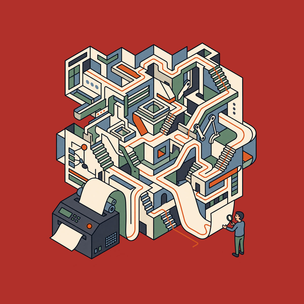 Isometric line art: a charcoal printer unspools one sheet that expands into an elaborate paper labyrinth of stairways and folds, traced by a rust-orange line, while a person nearby checks a close exit point with a magnifying glass. No text appears. Artwork shown on the Red garment colour.