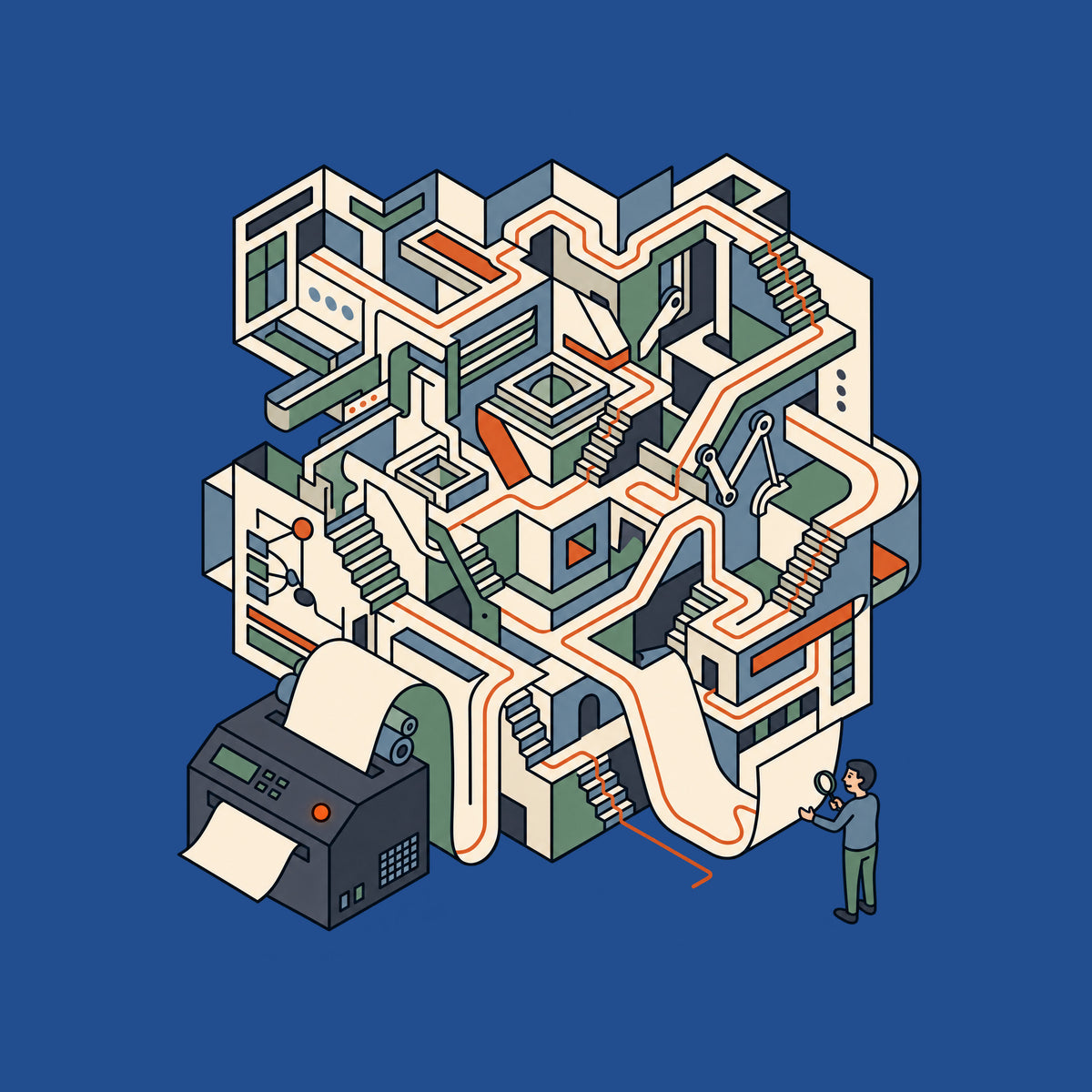 Isometric line art: a charcoal printer unspools one sheet that expands into an elaborate paper labyrinth of stairways and folds, traced by a rust-orange line, while a person nearby checks a close exit point with a magnifying glass. No text appears. Artwork shown on the Royal garment colour.