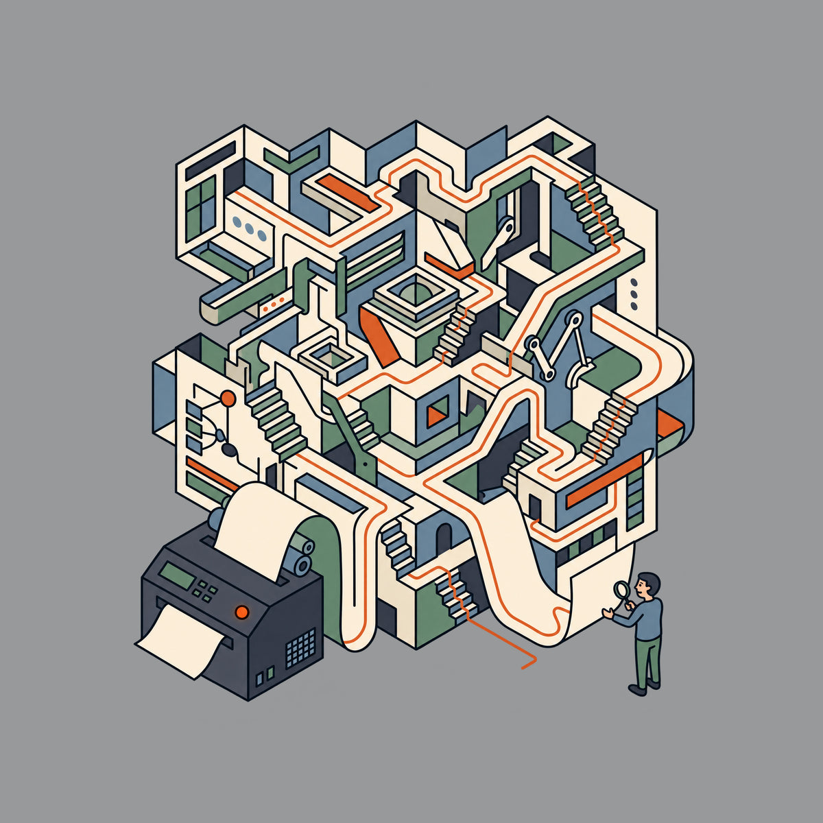 Isometric line art: a charcoal printer unspools one sheet that expands into an elaborate paper labyrinth of stairways and folds, traced by a rust-orange line, while a person nearby checks a close exit point with a magnifying glass. No text appears. Artwork shown on the Sport Grey garment colour.
