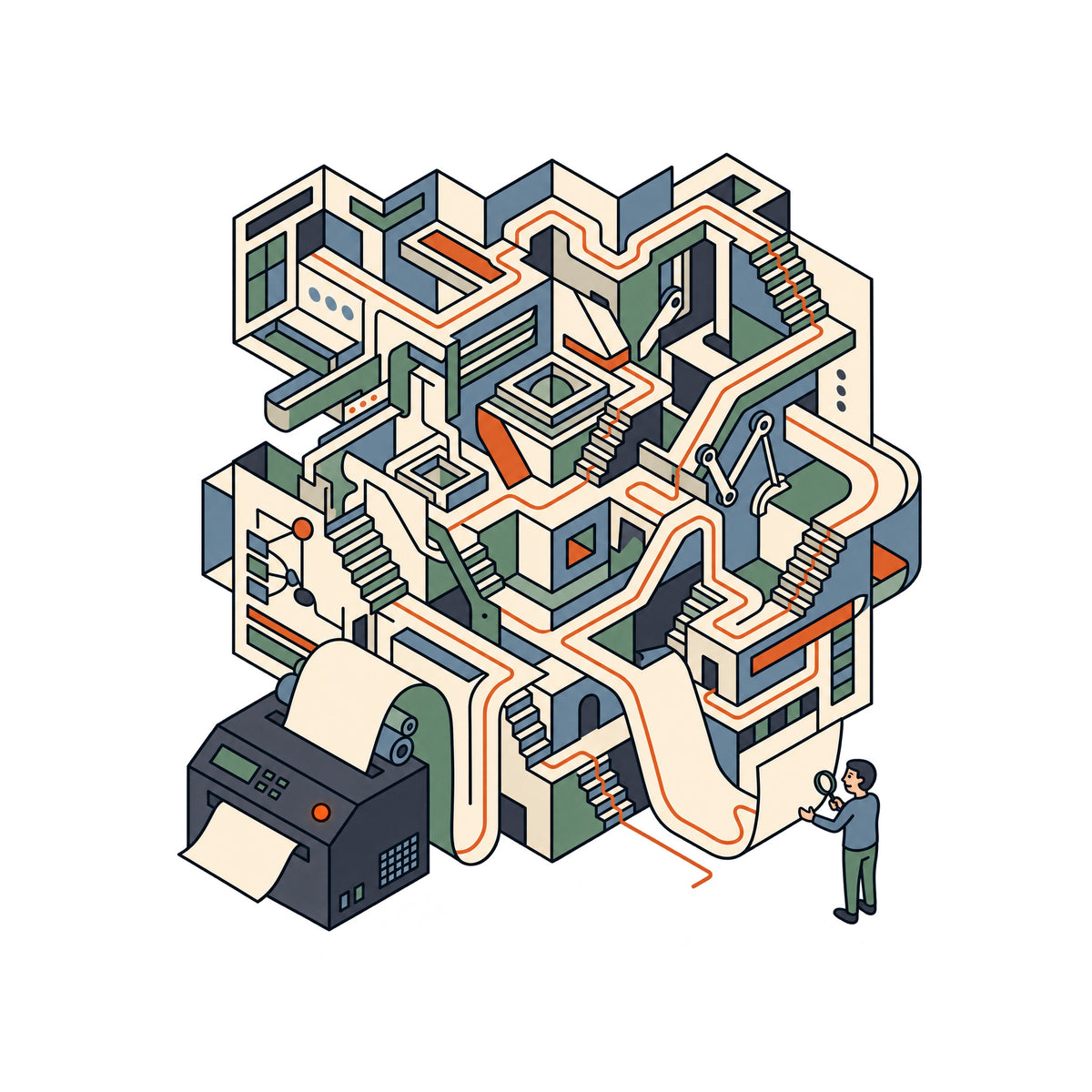 Isometric line art: a charcoal printer unspools one sheet that expands into an elaborate paper labyrinth of stairways and folds, traced by a rust-orange line, while a person nearby checks a close exit point with a magnifying glass. No text appears. Artwork shown on the White garment colour.
