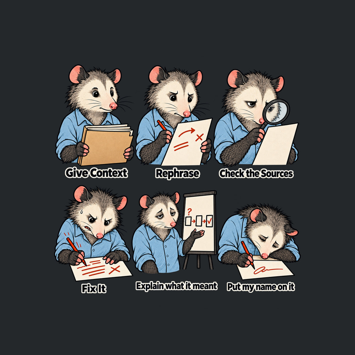 Six-panel opossum illustration in a blue shirt, growing wearier through captions Give Context, Rephrase, Check the Sources, Fix It, Explain what it meant, and Put my name on it, the explain panel showing a simple three-box diagram. Artwork shown on the Black garment colour.