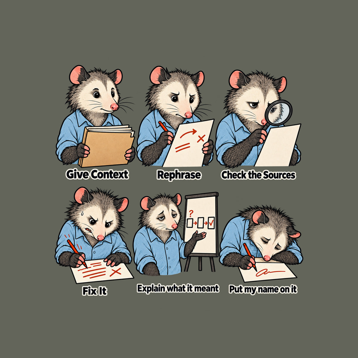 Six-panel opossum illustration in a blue shirt, growing wearier through captions Give Context, Rephrase, Check the Sources, Fix It, Explain what it meant, and Put my name on it, the explain panel showing a simple three-box diagram. Artwork shown on the Military Green garment colour.