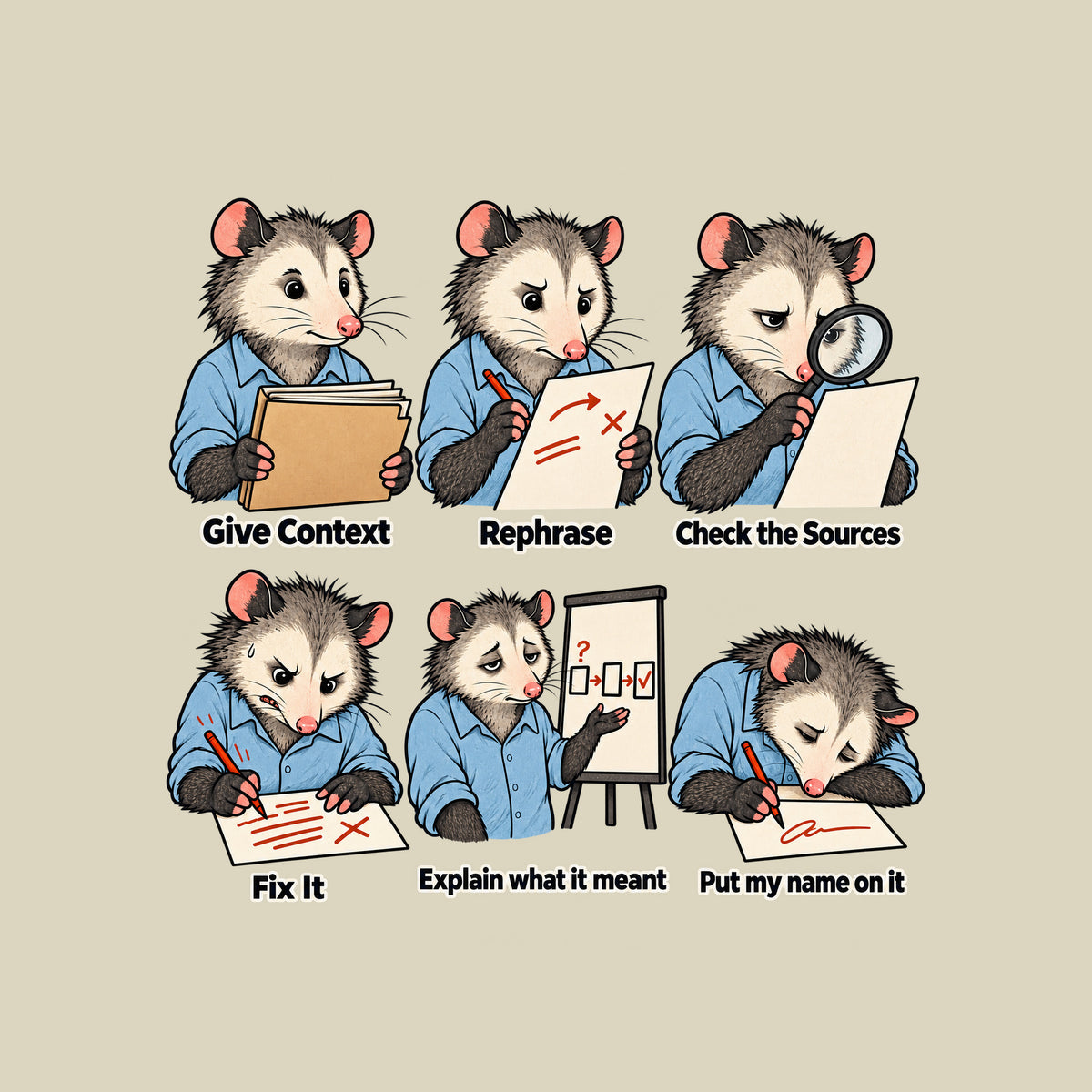 Six-panel opossum illustration in a blue shirt, growing wearier through captions Give Context, Rephrase, Check the Sources, Fix It, Explain what it meant, and Put my name on it, the explain panel showing a simple three-box diagram. Artwork shown on the Natural garment colour.