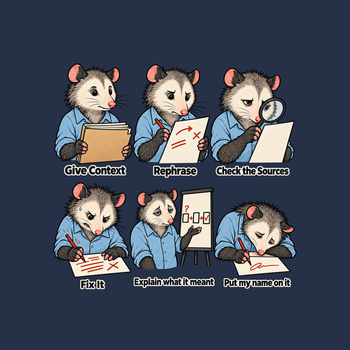 Six-panel opossum illustration in a blue shirt, growing wearier through captions Give Context, Rephrase, Check the Sources, Fix It, Explain what it meant, and Put my name on it, the explain panel showing a simple three-box diagram. Artwork shown on the Navy garment colour.