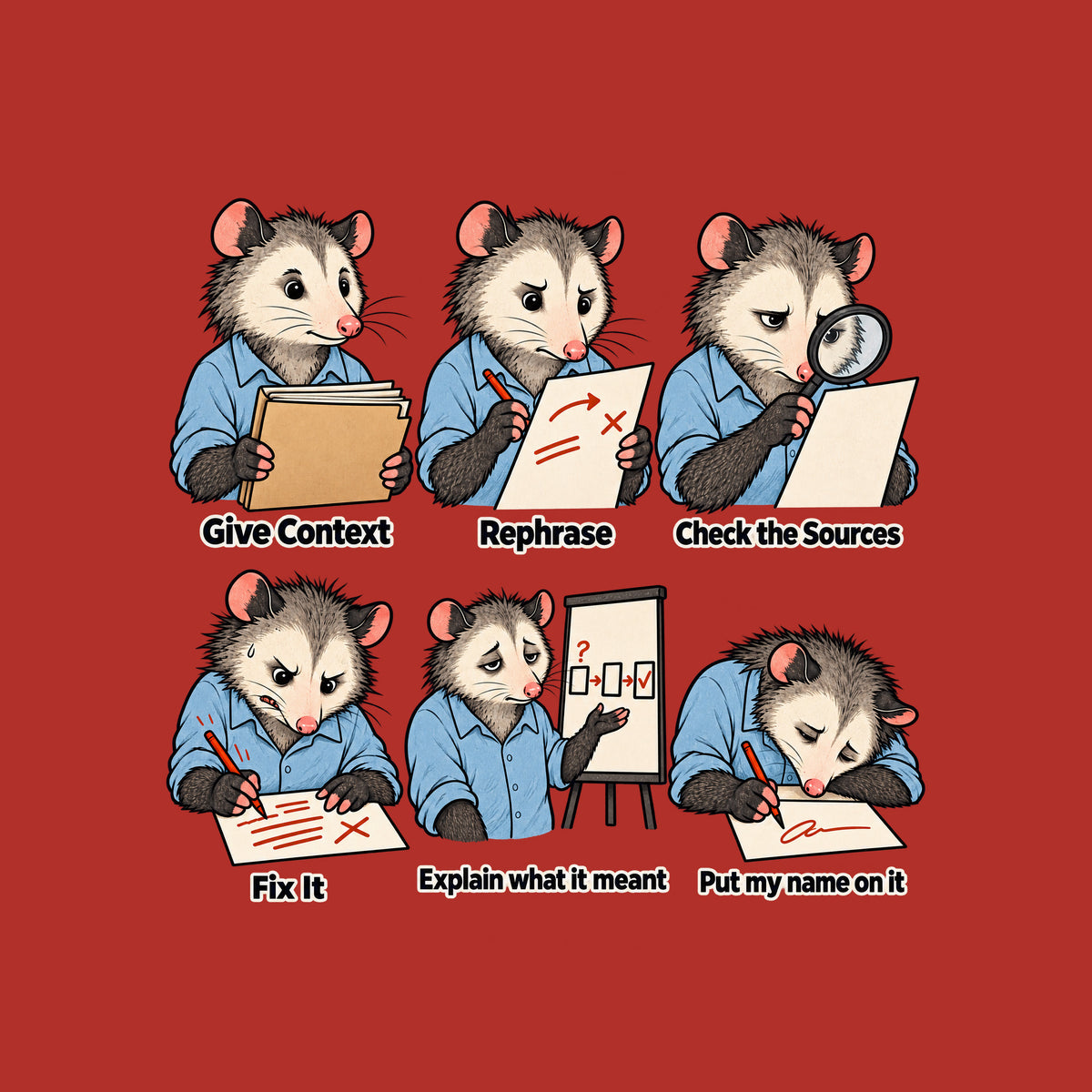 Six-panel opossum illustration in a blue shirt, growing wearier through captions Give Context, Rephrase, Check the Sources, Fix It, Explain what it meant, and Put my name on it, the explain panel showing a simple three-box diagram. Artwork shown on the Red garment colour.