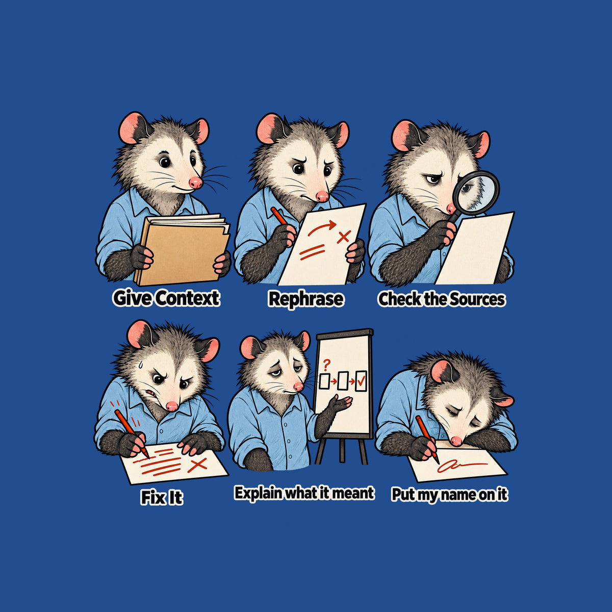 Six-panel opossum illustration in a blue shirt, growing wearier through captions Give Context, Rephrase, Check the Sources, Fix It, Explain what it meant, and Put my name on it, the explain panel showing a simple three-box diagram. Artwork shown on the Royal garment colour.