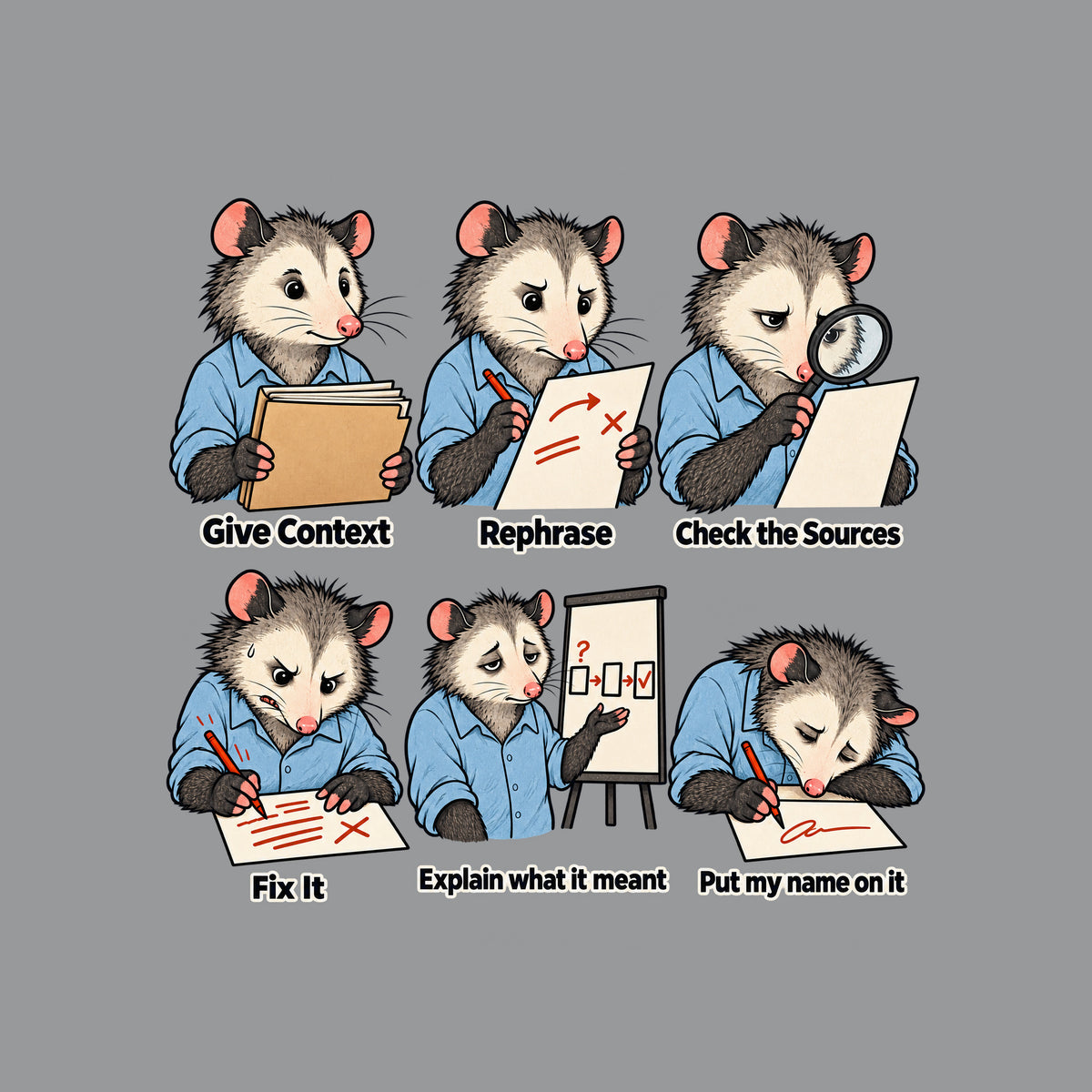 Six-panel opossum illustration in a blue shirt, growing wearier through captions Give Context, Rephrase, Check the Sources, Fix It, Explain what it meant, and Put my name on it, the explain panel showing a simple three-box diagram. Artwork shown on the Sport Grey garment colour.