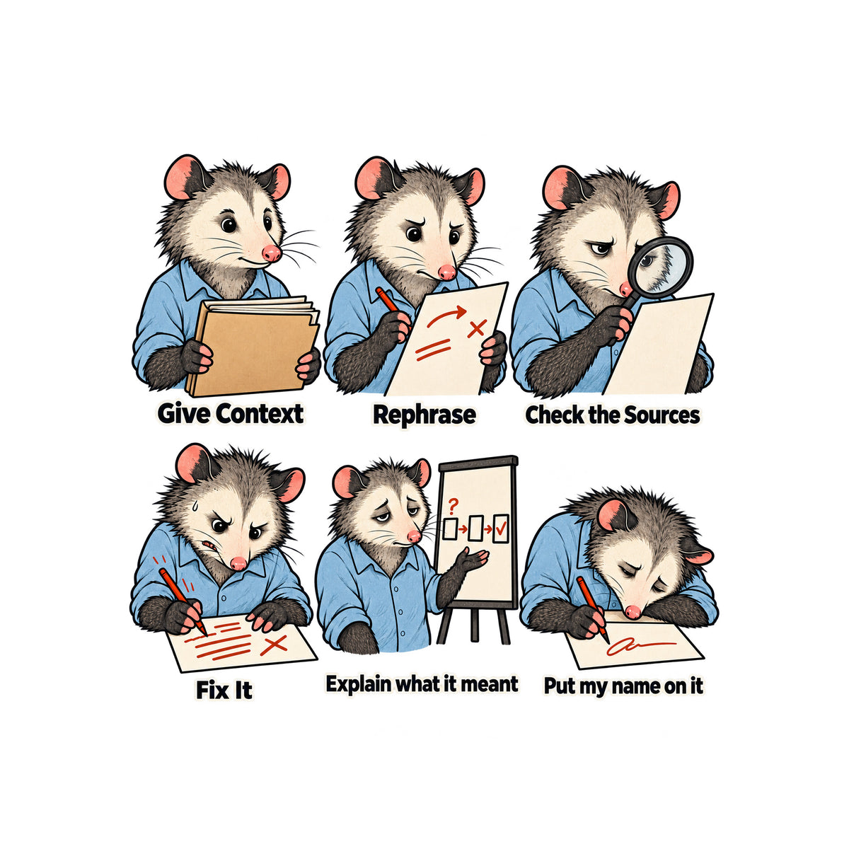 Six-panel opossum illustration in a blue shirt, growing wearier through captions Give Context, Rephrase, Check the Sources, Fix It, Explain what it meant, and Put my name on it, the explain panel showing a simple three-box diagram. Artwork shown on the White garment colour.