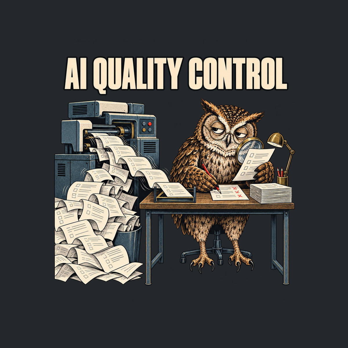 Illustration of a tired owl in round glasses at a desk, marking one page with a red pencil while holding a magnifying glass over another, beside a machine spilling an overflowing stream of pages. Headline reads AI QUALITY CONTROL. Artwork shown on the Black garment colour.