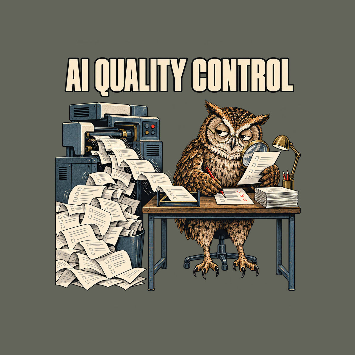 Illustration of a tired owl in round glasses at a desk, marking one page with a red pencil while holding a magnifying glass over another, beside a machine spilling an overflowing stream of pages. Headline reads AI QUALITY CONTROL. Artwork shown on the Military Green garment colour.