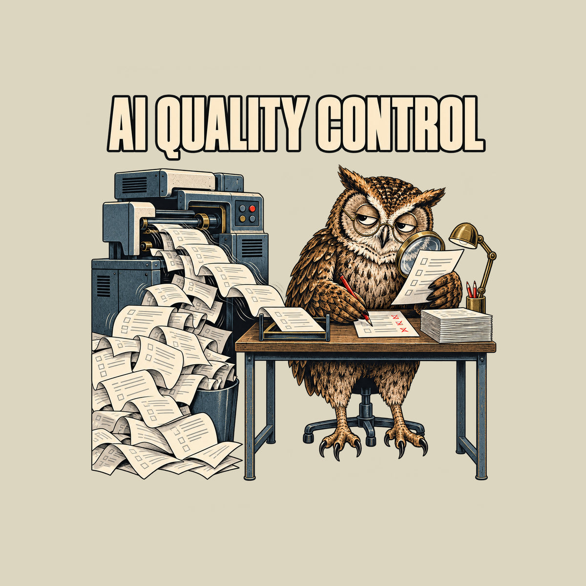 Illustration of a tired owl in round glasses at a desk, marking one page with a red pencil while holding a magnifying glass over another, beside a machine spilling an overflowing stream of pages. Headline reads AI QUALITY CONTROL. Artwork shown on the Natural garment colour.