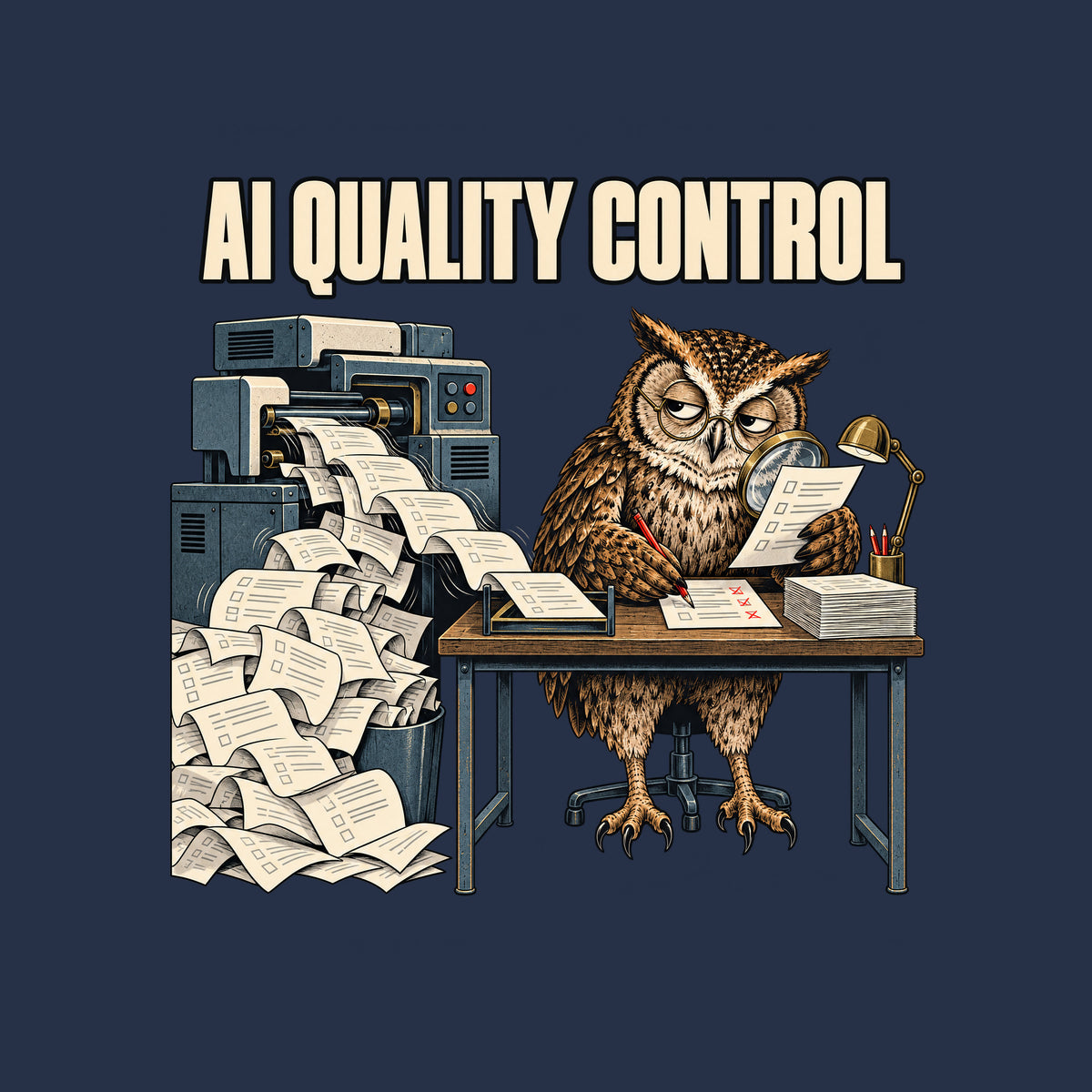 Illustration of a tired owl in round glasses at a desk, marking one page with a red pencil while holding a magnifying glass over another, beside a machine spilling an overflowing stream of pages. Headline reads AI QUALITY CONTROL. Artwork shown on the Navy garment colour.