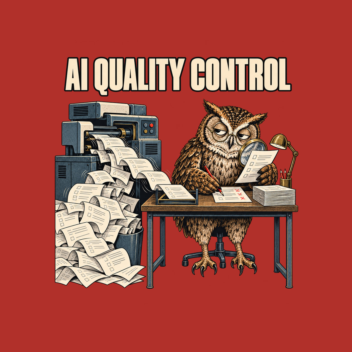 Illustration of a tired owl in round glasses at a desk, marking one page with a red pencil while holding a magnifying glass over another, beside a machine spilling an overflowing stream of pages. Headline reads AI QUALITY CONTROL. Artwork shown on the Red garment colour.