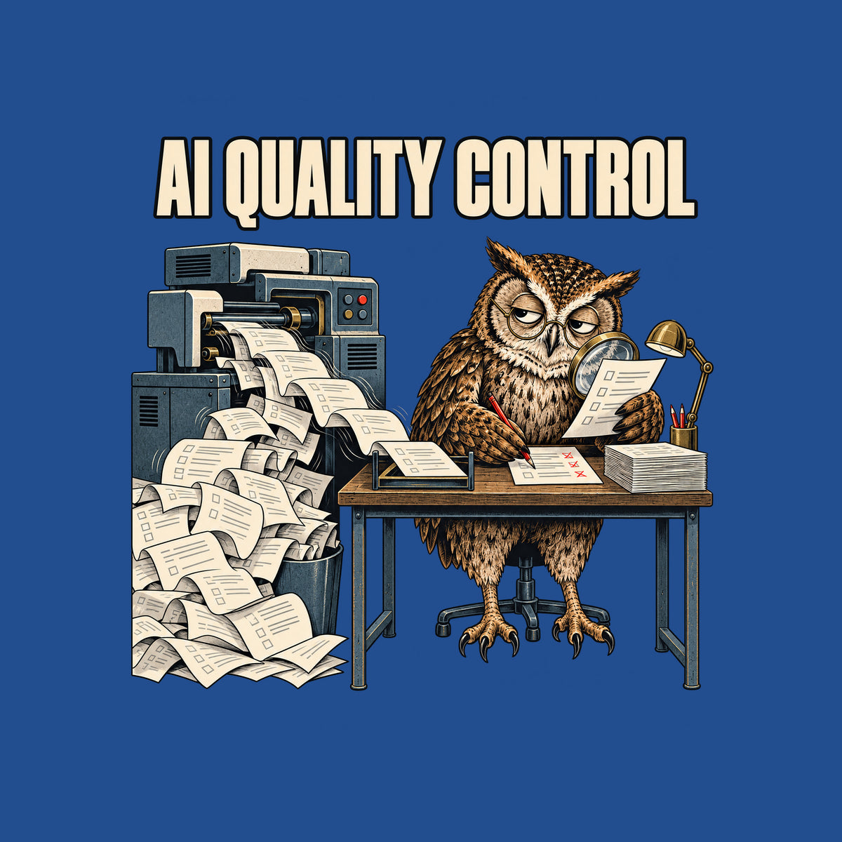 Illustration of a tired owl in round glasses at a desk, marking one page with a red pencil while holding a magnifying glass over another, beside a machine spilling an overflowing stream of pages. Headline reads AI QUALITY CONTROL. Artwork shown on the Royal garment colour.