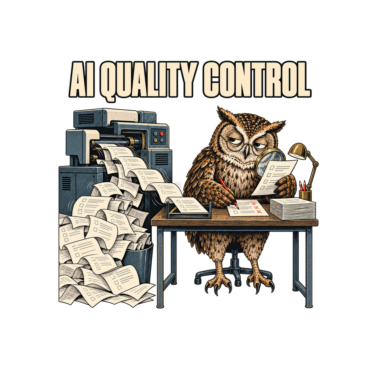 Illustration of a tired owl in round glasses at a desk, marking one page with a red pencil while holding a magnifying glass over another, beside a machine spilling an overflowing stream of pages. Headline reads AI QUALITY CONTROL. Artwork shown on the White garment colour.