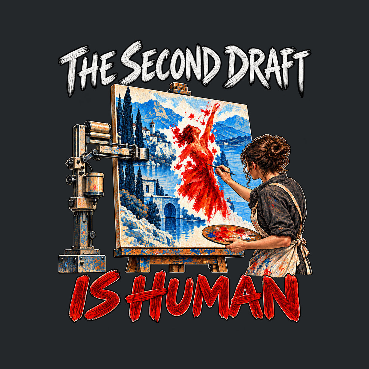 Illustration of a mechanical arm painting a blue-gray lakeside landscape on a canvas, while a woman paints a vivid red dancing figure into it by hand. Painterly text reads THE SECOND DRAFT above and IS HUMAN below. Artwork shown on the Black garment colour.