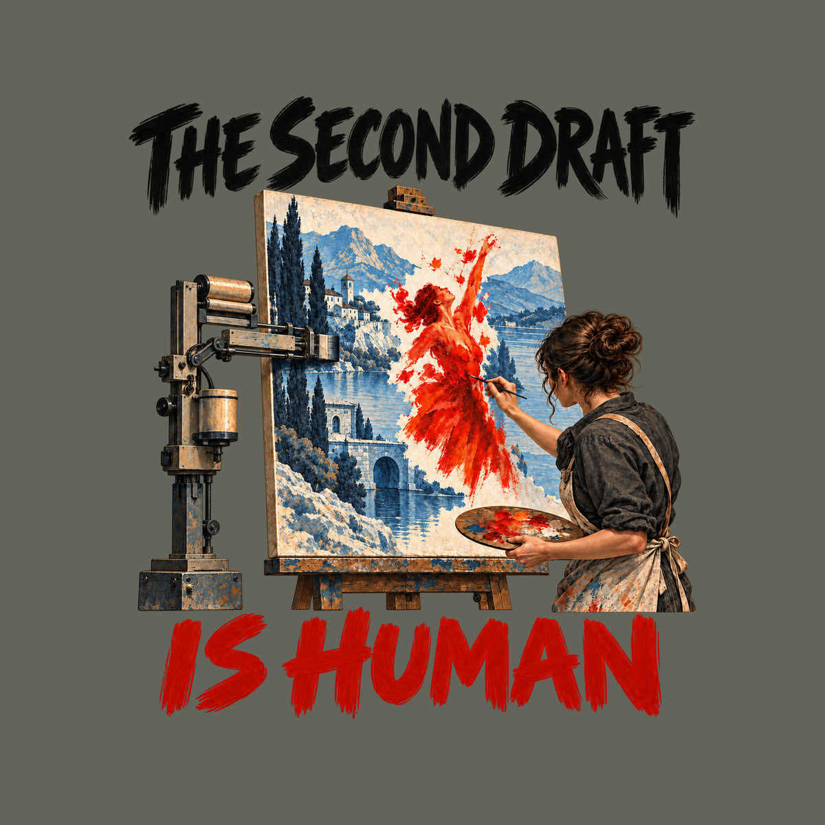 Illustration of a mechanical arm painting a blue-gray lakeside landscape on a canvas, while a woman paints a vivid red dancing figure into it by hand. Painterly text reads THE SECOND DRAFT above and IS HUMAN below. Artwork shown on the Military Green garment colour.