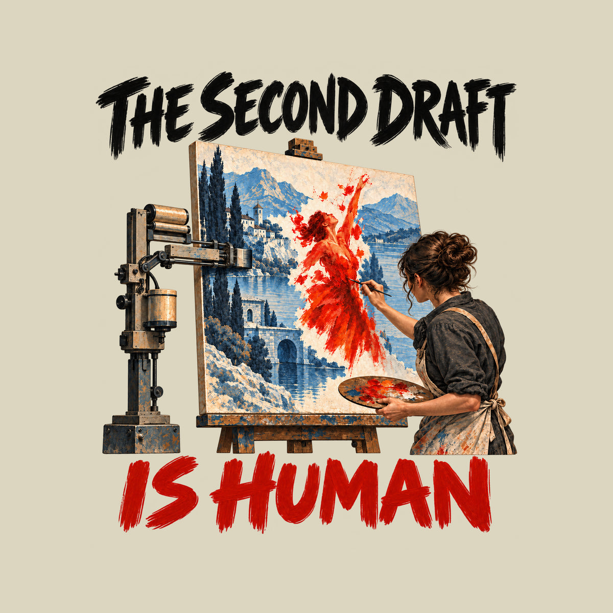 Illustration of a mechanical arm painting a blue-gray lakeside landscape on a canvas, while a woman paints a vivid red dancing figure into it by hand. Painterly text reads THE SECOND DRAFT above and IS HUMAN below. Artwork shown on the Natural garment colour.