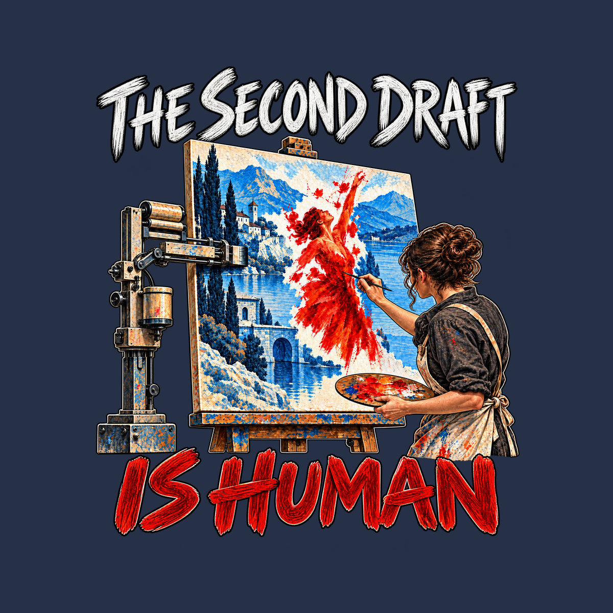 Illustration of a mechanical arm painting a blue-gray lakeside landscape on a canvas, while a woman paints a vivid red dancing figure into it by hand. Painterly text reads THE SECOND DRAFT above and IS HUMAN below. Artwork shown on the Navy garment colour.