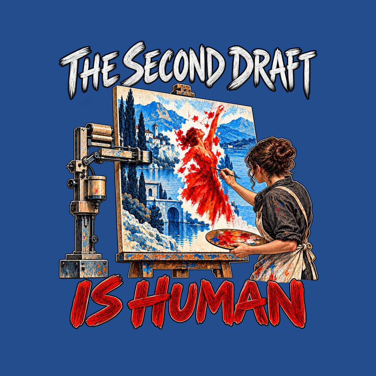 Illustration of a mechanical arm painting a blue-gray lakeside landscape on a canvas, while a woman paints a vivid red dancing figure into it by hand. Painterly text reads THE SECOND DRAFT above and IS HUMAN below. Artwork shown on the Royal garment colour.