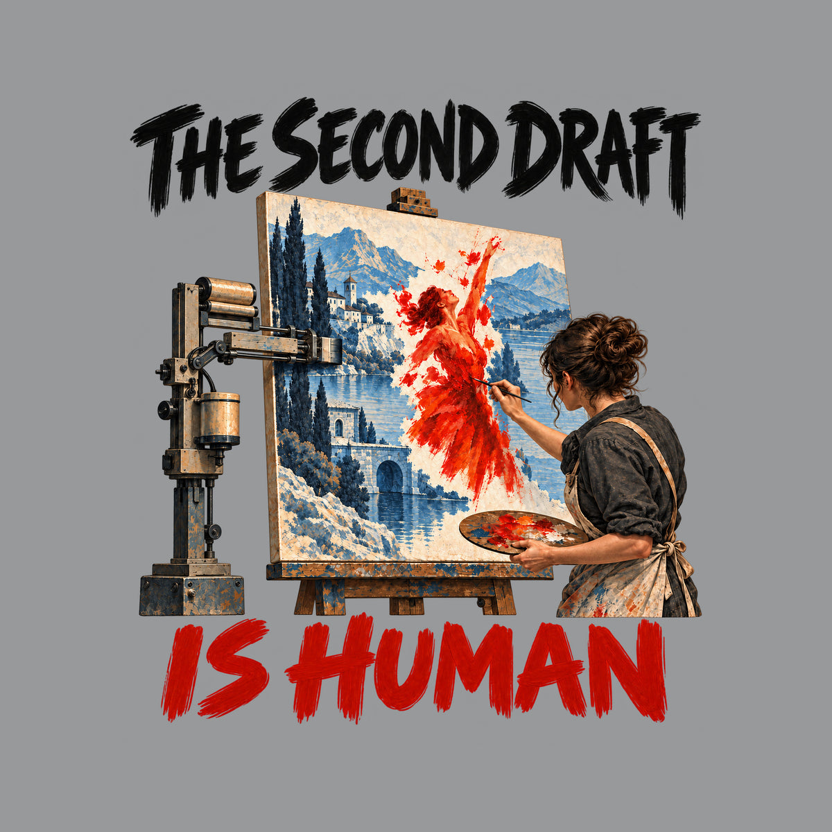 Illustration of a mechanical arm painting a blue-gray lakeside landscape on a canvas, while a woman paints a vivid red dancing figure into it by hand. Painterly text reads THE SECOND DRAFT above and IS HUMAN below. Artwork shown on the Sport Grey garment colour.