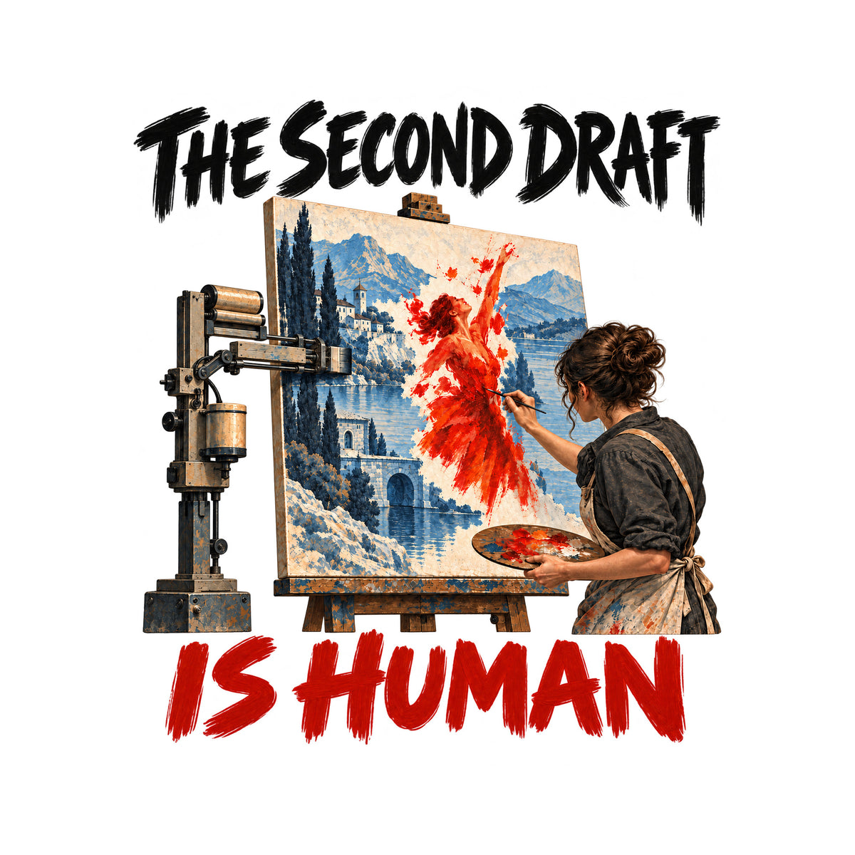 Illustration of a mechanical arm painting a blue-gray lakeside landscape on a canvas, while a woman paints a vivid red dancing figure into it by hand. Painterly text reads THE SECOND DRAFT above and IS HUMAN below. Artwork shown on the White garment colour.