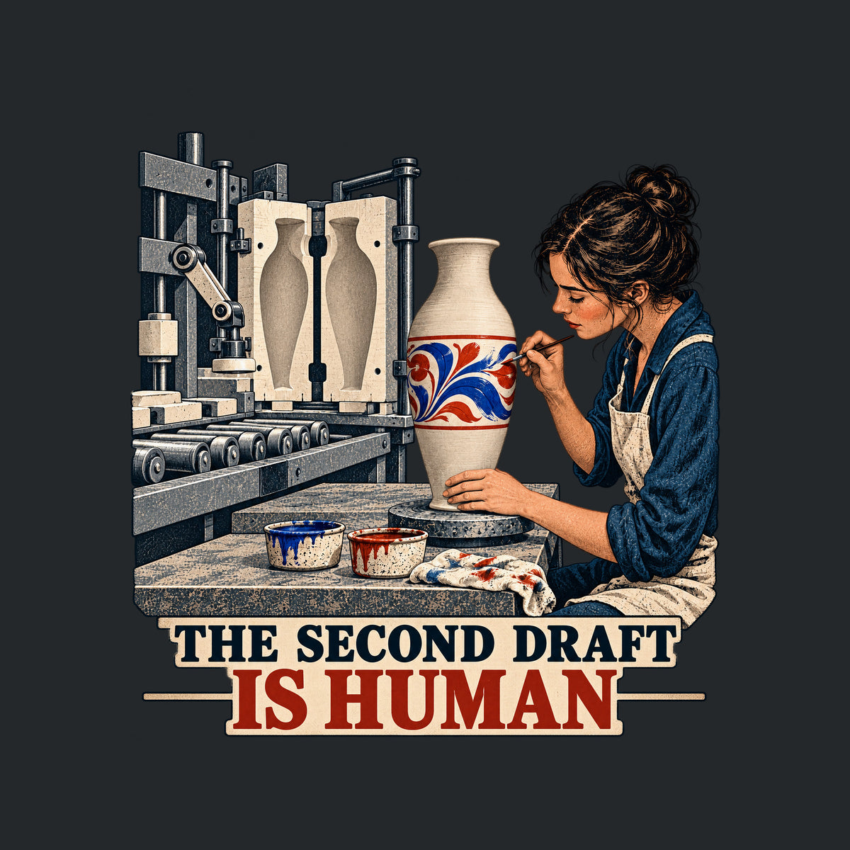 Illustration of an industrial molding machine producing a plain vase beside a woman painting a red and blue floral motif on a cream vase on a pottery wheel, with the caption THE SECOND DRAFT above IS HUMAN. Artwork shown on the Black garment colour.
