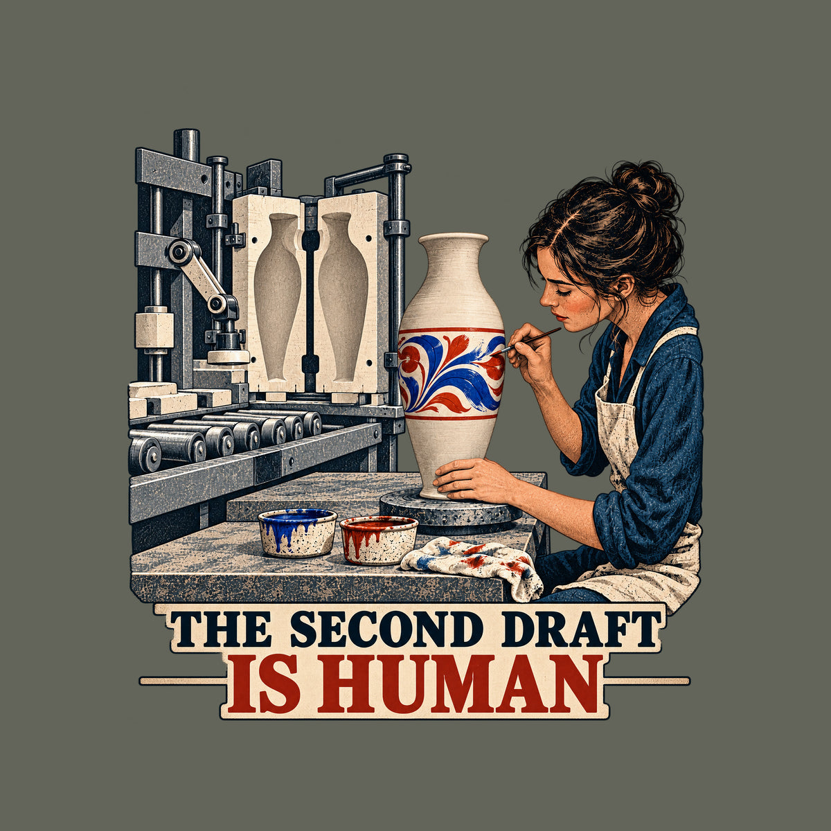 Illustration of an industrial molding machine producing a plain vase beside a woman painting a red and blue floral motif on a cream vase on a pottery wheel, with the caption THE SECOND DRAFT above IS HUMAN. Artwork shown on the Military Green garment colour.