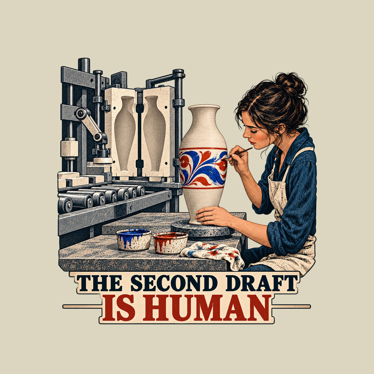Illustration of an industrial molding machine producing a plain vase beside a woman painting a red and blue floral motif on a cream vase on a pottery wheel, with the caption THE SECOND DRAFT above IS HUMAN. Artwork shown on the Natural garment colour.