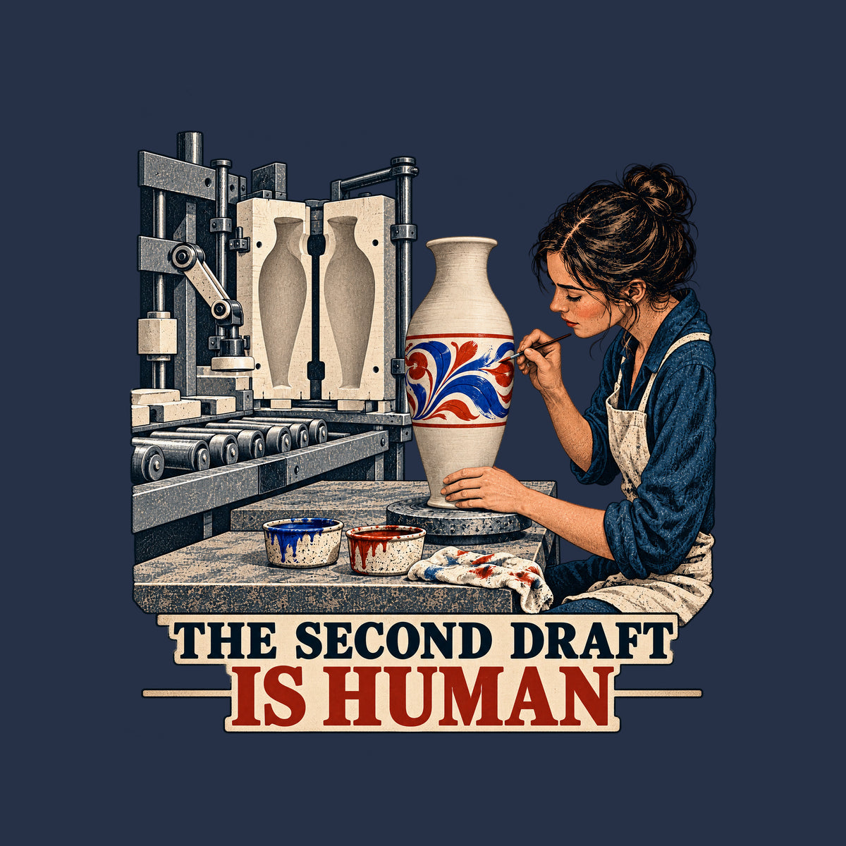 Illustration of an industrial molding machine producing a plain vase beside a woman painting a red and blue floral motif on a cream vase on a pottery wheel, with the caption THE SECOND DRAFT above IS HUMAN. Artwork shown on the Navy garment colour.