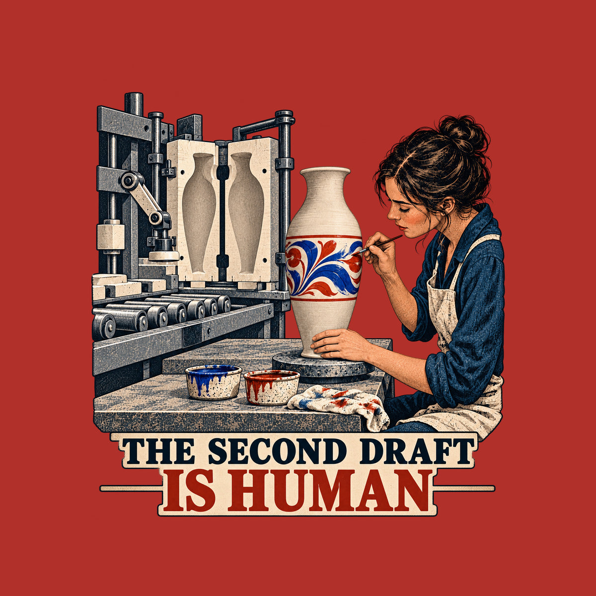 Illustration of an industrial molding machine producing a plain vase beside a woman painting a red and blue floral motif on a cream vase on a pottery wheel, with the caption THE SECOND DRAFT above IS HUMAN. Artwork shown on the Red garment colour.