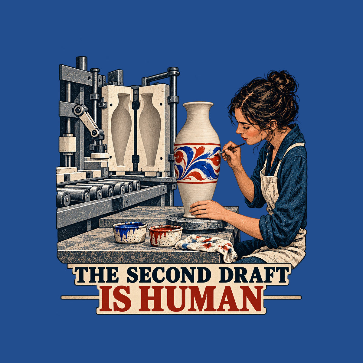 Illustration of an industrial molding machine producing a plain vase beside a woman painting a red and blue floral motif on a cream vase on a pottery wheel, with the caption THE SECOND DRAFT above IS HUMAN. Artwork shown on the Royal garment colour.