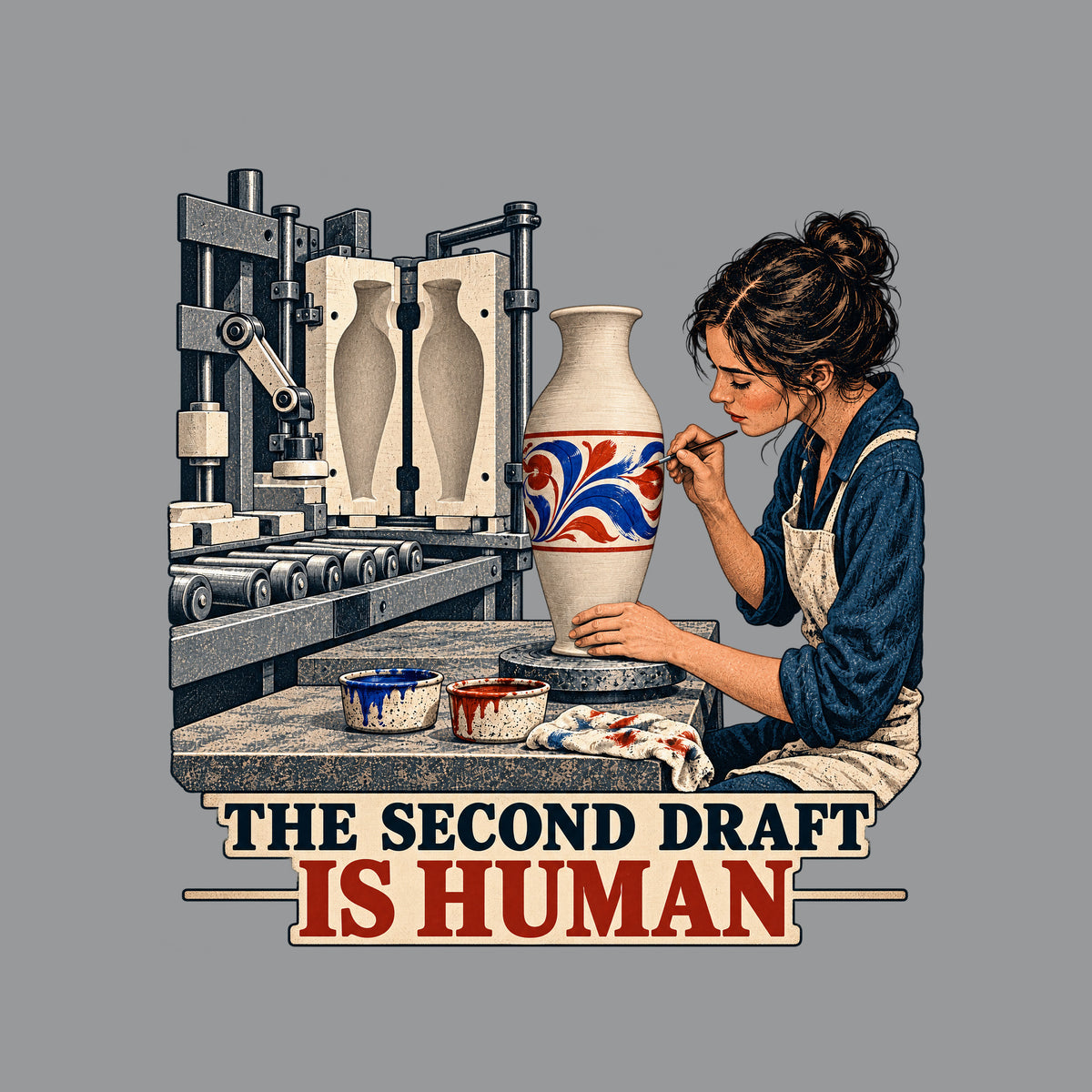 Illustration of an industrial molding machine producing a plain vase beside a woman painting a red and blue floral motif on a cream vase on a pottery wheel, with the caption THE SECOND DRAFT above IS HUMAN. Artwork shown on the Sport Grey garment colour.