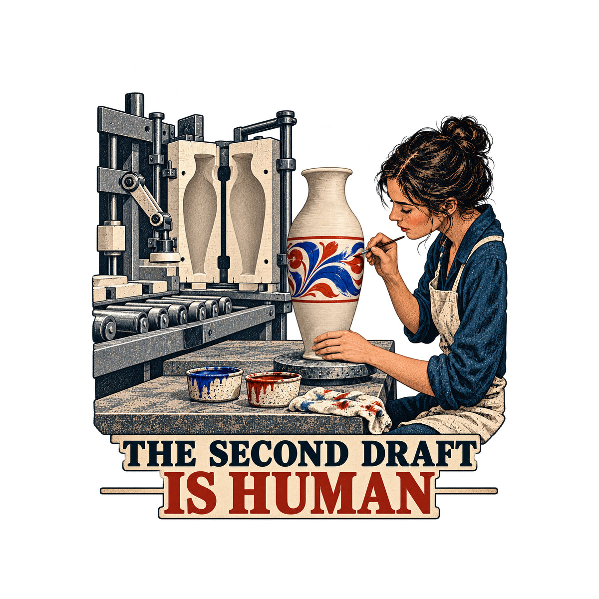 Illustration of an industrial molding machine producing a plain vase beside a woman painting a red and blue floral motif on a cream vase on a pottery wheel, with the caption THE SECOND DRAFT above IS HUMAN. Artwork shown on the White garment colour.