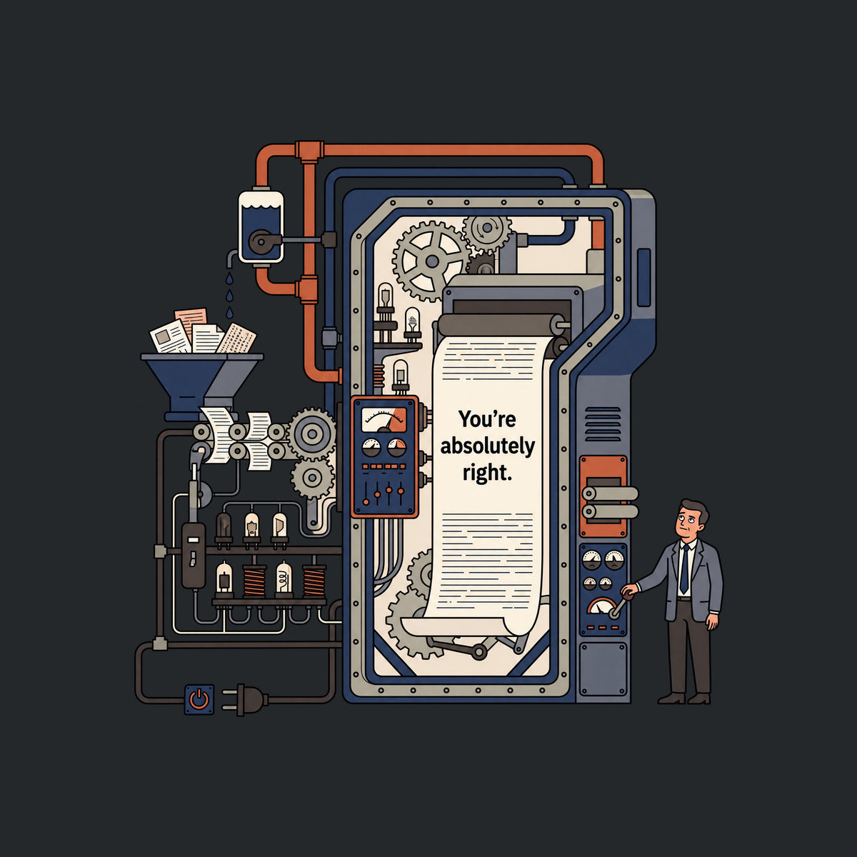 Line illustration of a large retro-industrial machine with gears, pipes and gauges feeding a long paper sheet printed 'You're absolutely right.' A suited man stands beside it, one eyebrow raised, mouth wry, hand on a control lever. Artwork shown on the Black garment colour.