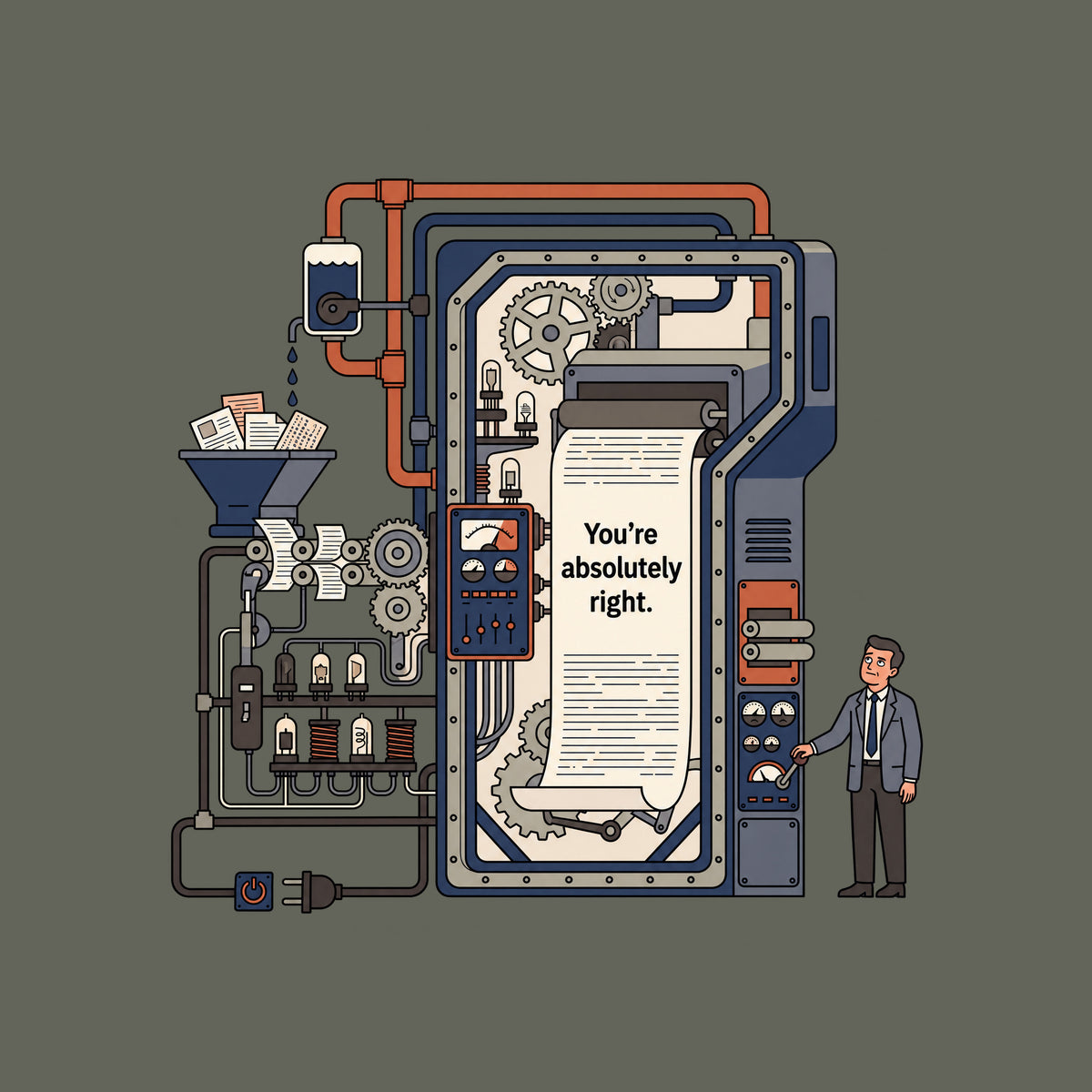 Line illustration of a large retro-industrial machine with gears, pipes and gauges feeding a long paper sheet printed 'You're absolutely right.' A suited man stands beside it, one eyebrow raised, mouth wry, hand on a control lever. Artwork shown on the Military Green garment colour.