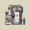Line illustration of a large retro-industrial machine with gears, pipes and gauges feeding a long paper sheet printed 'You're absolutely right.' A suited man stands beside it, one eyebrow raised, mouth wry, hand on a control lever. Artwork shown on the Natural garment colour.