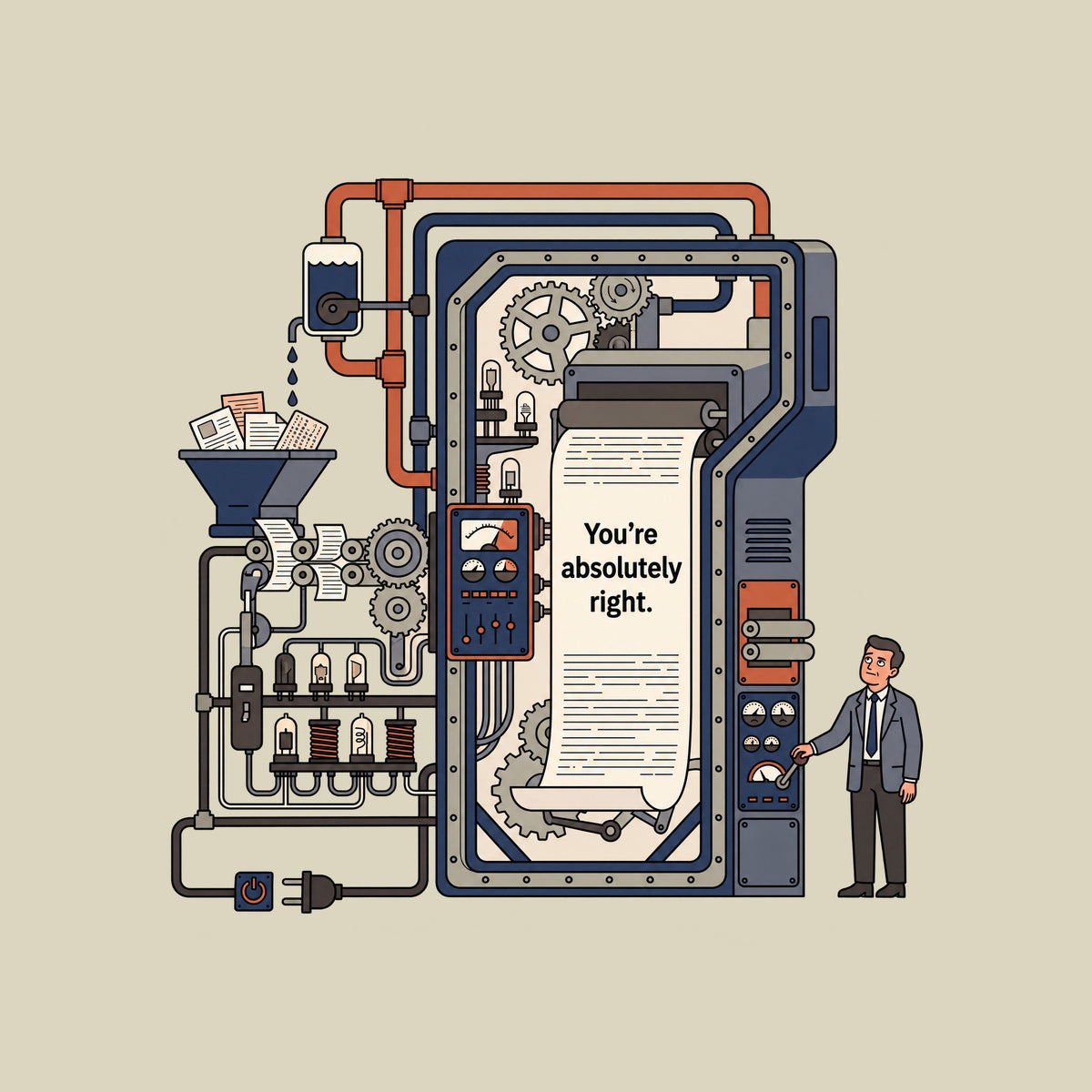Line illustration of a large retro-industrial machine with gears, pipes and gauges feeding a long paper sheet printed 'You're absolutely right.' A suited man stands beside it, one eyebrow raised, mouth wry, hand on a control lever. Artwork shown on the Natural garment colour.