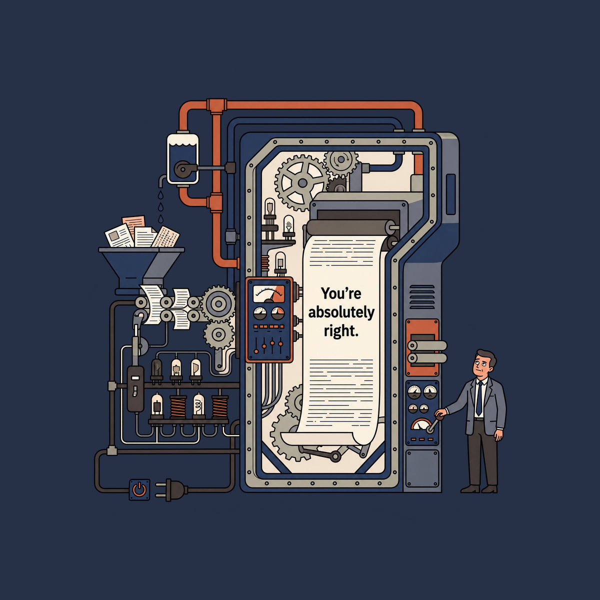 Line illustration of a large retro-industrial machine with gears, pipes and gauges feeding a long paper sheet printed 'You're absolutely right.' A suited man stands beside it, one eyebrow raised, mouth wry, hand on a control lever. Artwork shown on the Navy garment colour.