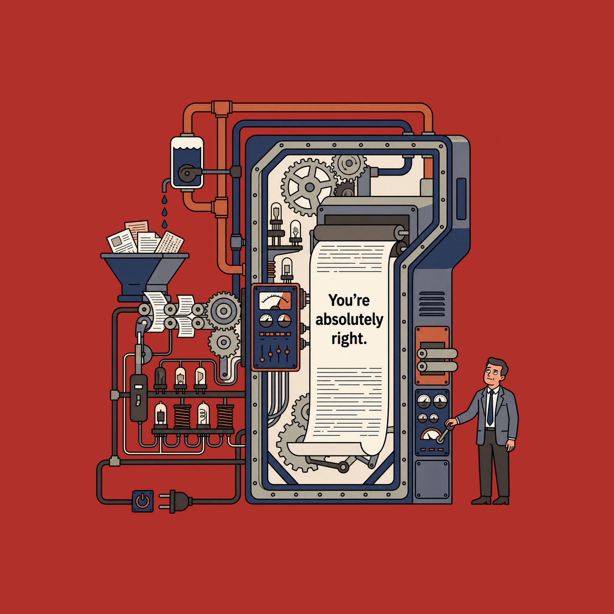 Line illustration of a large retro-industrial machine with gears, pipes and gauges feeding a long paper sheet printed 'You're absolutely right.' A suited man stands beside it, one eyebrow raised, mouth wry, hand on a control lever. Artwork shown on the Red garment colour.