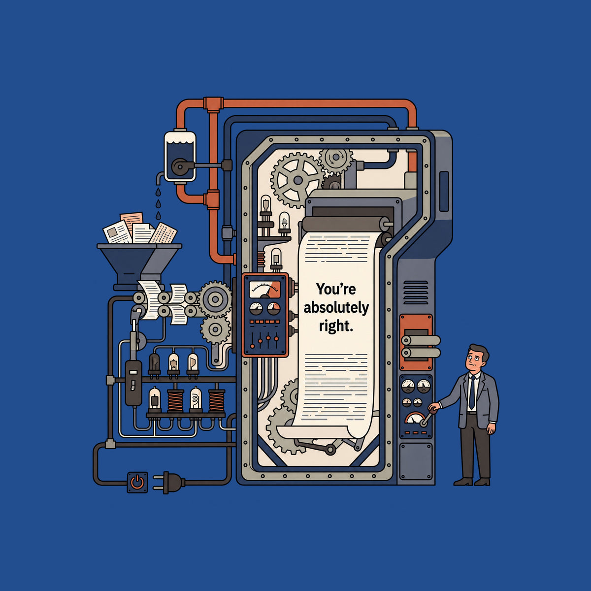Line illustration of a large retro-industrial machine with gears, pipes and gauges feeding a long paper sheet printed 'You're absolutely right.' A suited man stands beside it, one eyebrow raised, mouth wry, hand on a control lever. Artwork shown on the Royal garment colour.