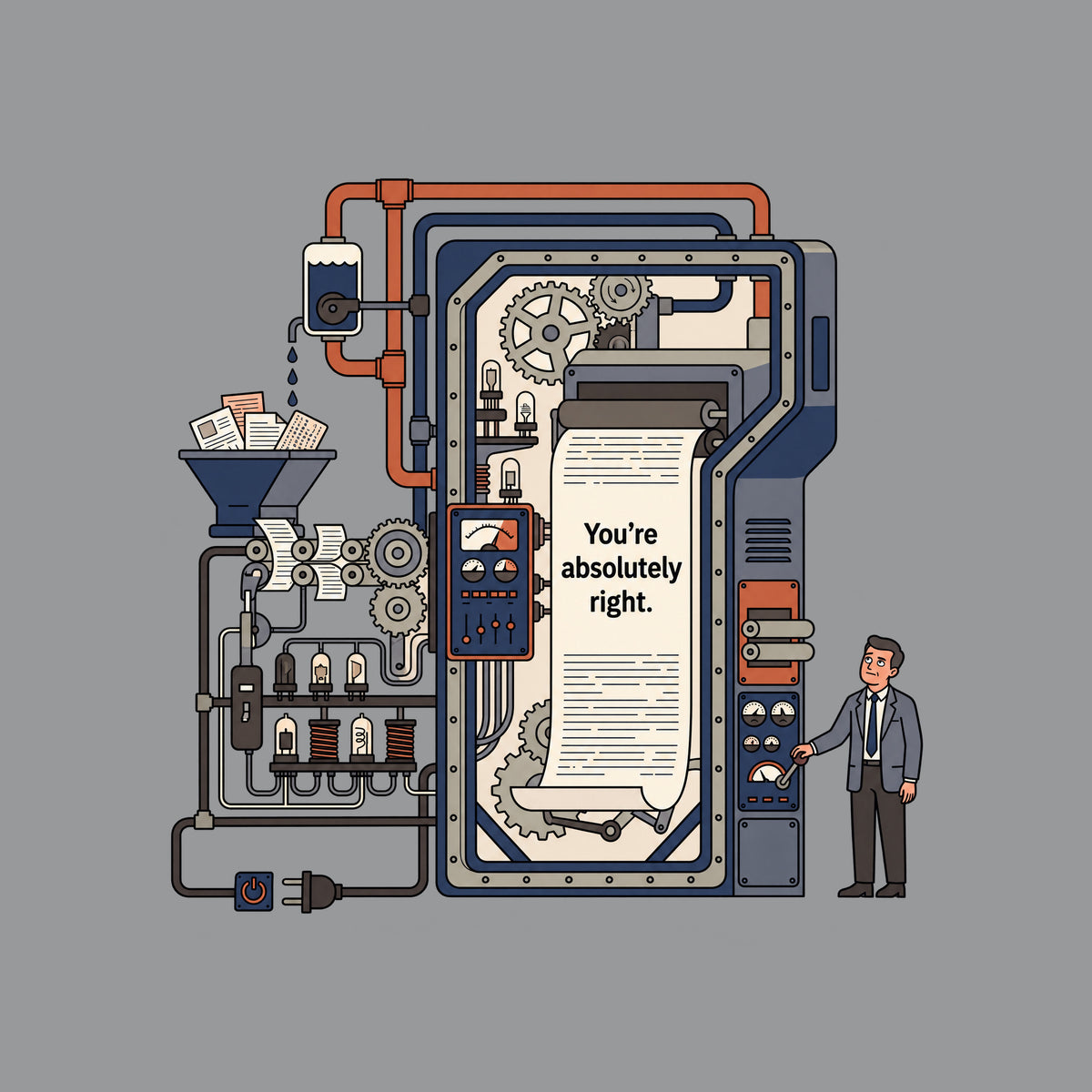 Line illustration of a large retro-industrial machine with gears, pipes and gauges feeding a long paper sheet printed 'You're absolutely right.' A suited man stands beside it, one eyebrow raised, mouth wry, hand on a control lever. Artwork shown on the Sport Grey garment colour.