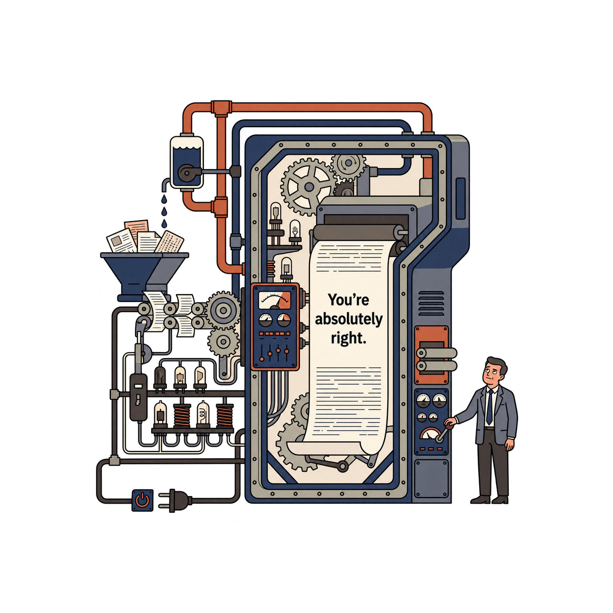 Line illustration of a large retro-industrial machine with gears, pipes and gauges feeding a long paper sheet printed 'You're absolutely right.' A suited man stands beside it, one eyebrow raised, mouth wry, hand on a control lever. Artwork shown on the White garment colour.