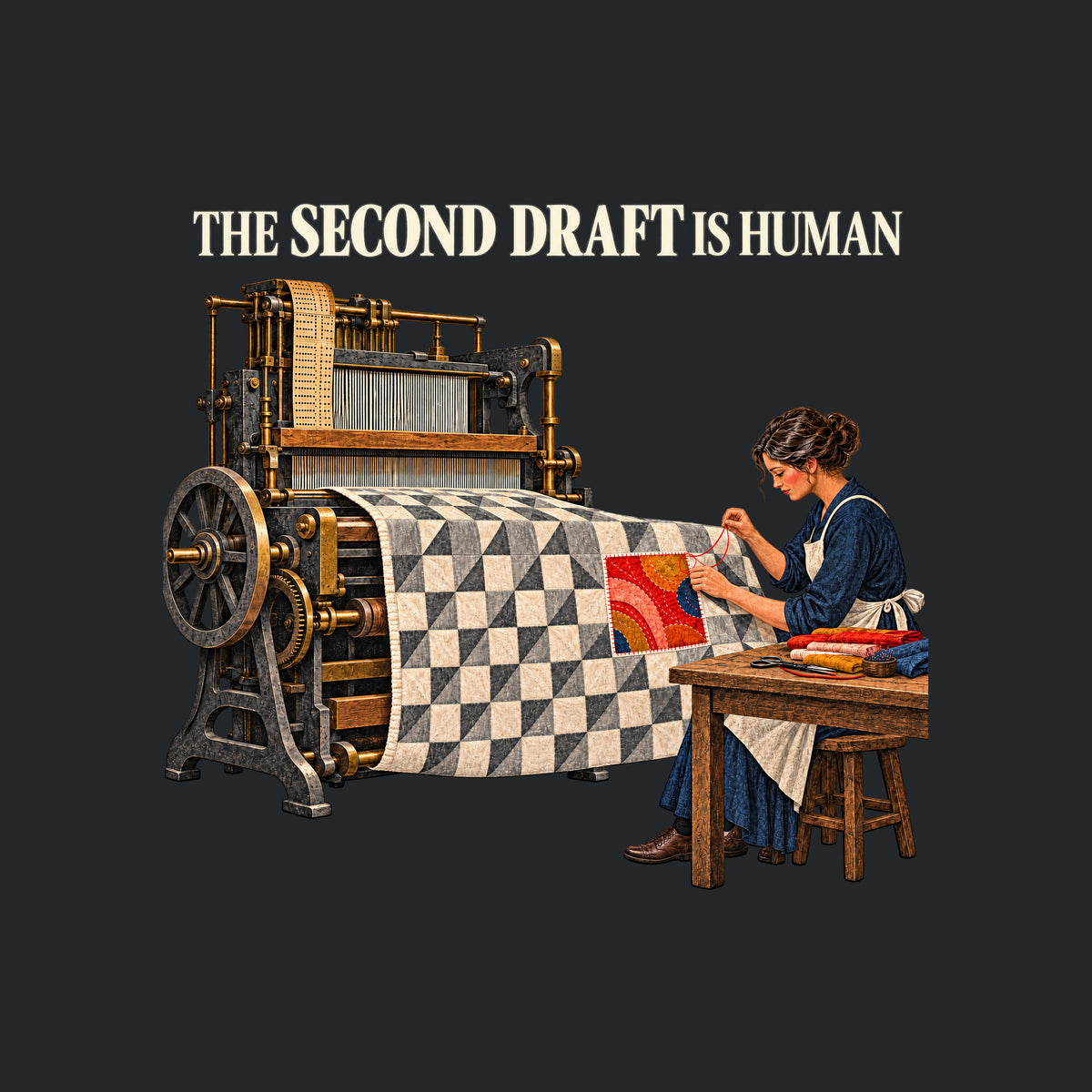 Illustration of an antique loom feeding a gray-and-cream geometric quilt to a seated woman in navy and apron, stitching a colorful red, coral, ochre and blue patch into it with red thread. Headline reads THE SECOND DRAFT IS HUMAN. Artwork shown on the Black garment colour.
