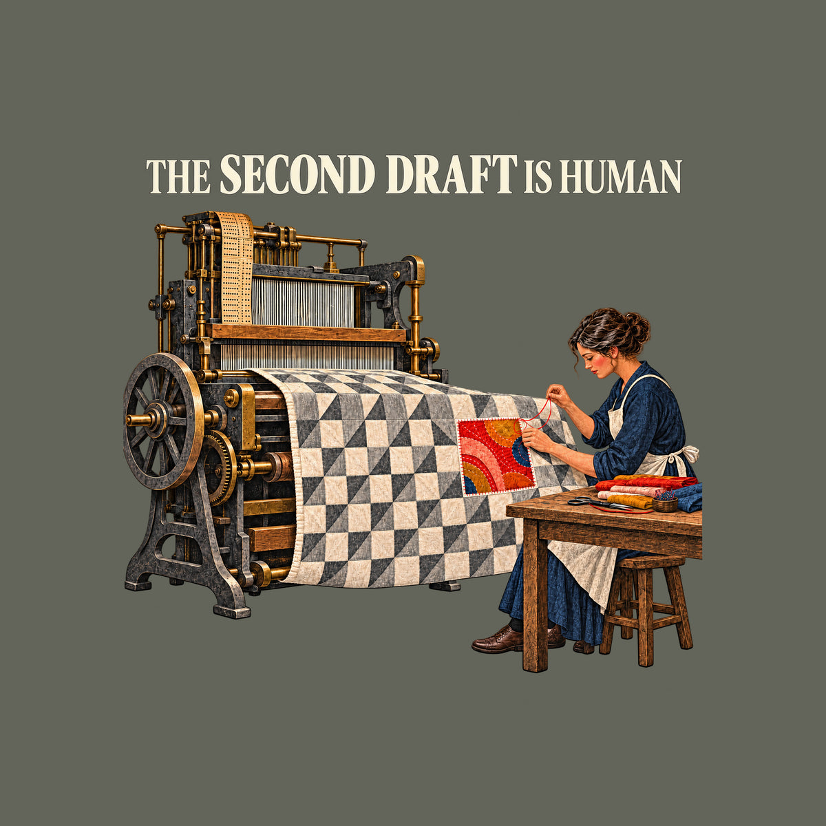 Illustration of an antique loom feeding a gray-and-cream geometric quilt to a seated woman in navy and apron, stitching a colorful red, coral, ochre and blue patch into it with red thread. Headline reads THE SECOND DRAFT IS HUMAN. Artwork shown on the Military Green garment colour.