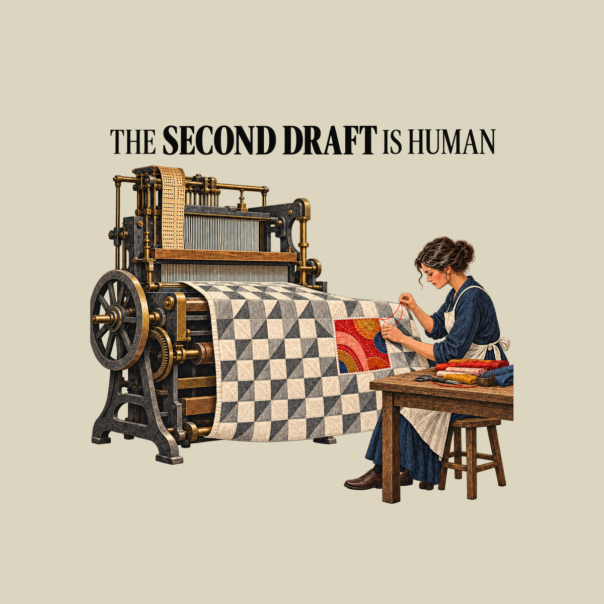 Illustration of an antique loom feeding a gray-and-cream geometric quilt to a seated woman in navy and apron, stitching a colorful red, coral, ochre and blue patch into it with red thread. Headline reads THE SECOND DRAFT IS HUMAN. Artwork shown on the Natural garment colour.